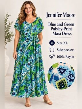 Jennifer Moore Blue and Green Paisley-Print Maxi Dress - XL